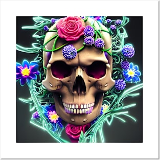 Skull spooky neon flowers floral skull Posters and Art